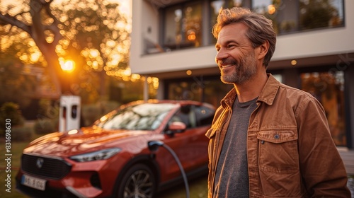 a man is standing next to a new car on the side of the road
