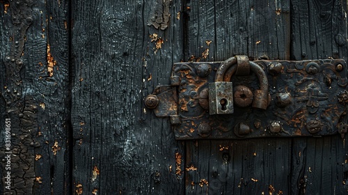 Close-up of a rustic barn door with a heavy iron padlock, weathered texture, isolated background, studio lighting