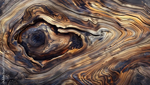 High-angle shot of a decorative hardwood surface, showcasing intricate swirls and knots with natural patterns and colors © AhmadTriwahyuutomo