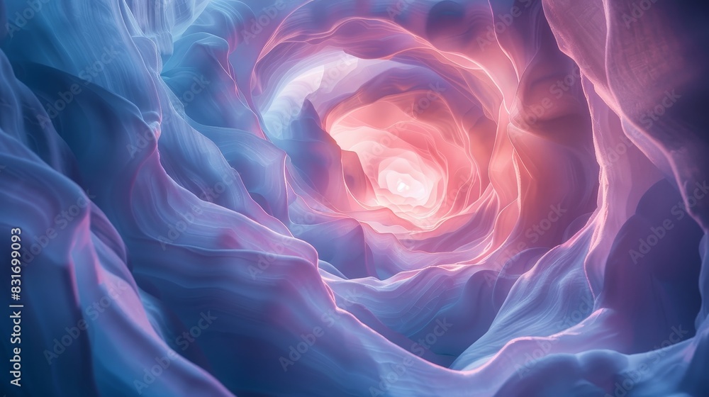 Obraz premium Close-up of an organic tunnel with blue and pink hues, smooth, flowing textures, glowing inner light, and delicate patterns