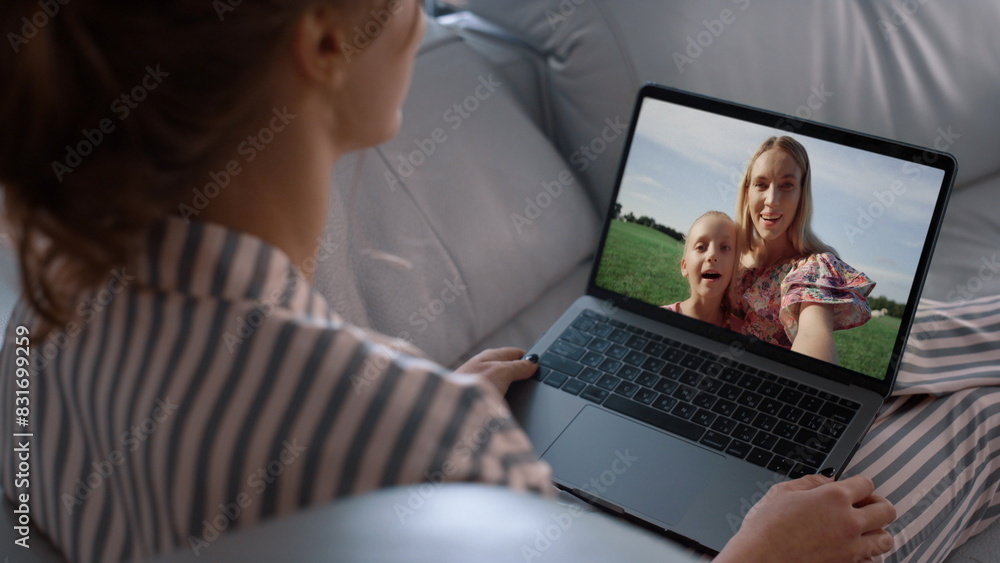 Best friends talking web cam closeup. Smiling woman chatting laptop at home. Best friends talking web cam closeup. Smiling woman chatting laptop at home.