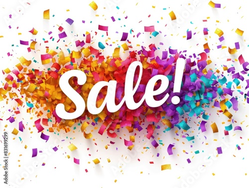 A multicolored explosion of confetti with a dashed border, containing text reading "Sale!" in a playful font, on a clean white background. Great for highlighting discounts and exciting announcements.