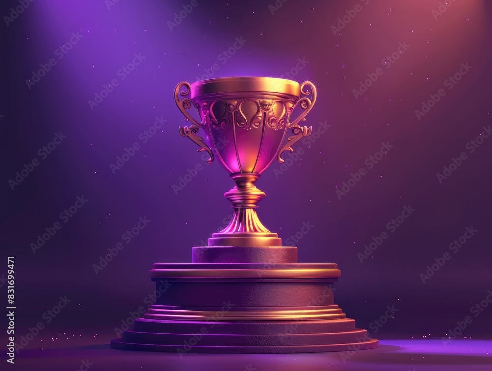 A podium with a golden trophy on top, bathed in a spotlight, on a dark purple background. Perfect for highlighting achievements, awards, and recognition. A podium with a golden trophy on top, bathed in a spotlight, on a dark purple background. Perfect for highlighting achievements, awards, and recognition.