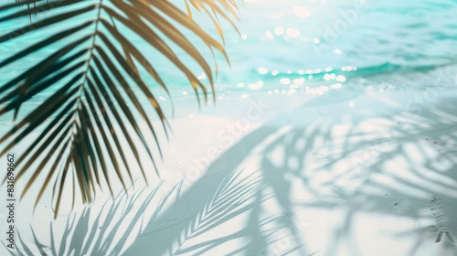 palm leaf shadow on abstract white sand beach background, sun lights on water surface, beautiful abstract background concept banner for summer vacation at the beach - generative ai © FDStock