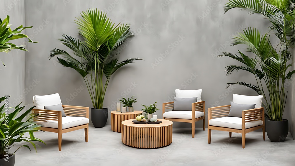 Terrace with outdoor furniture - sofa and armchair. Shade gazebo and palm trees. Exotic backyard garden. Sunny day on the veranda patio. 3d rendering Terrace with outdoor furniture - sofa and armchair. Shade gazebo and palm trees. Exotic backyard garden. Sunny day on the veranda patio. 3d rendering