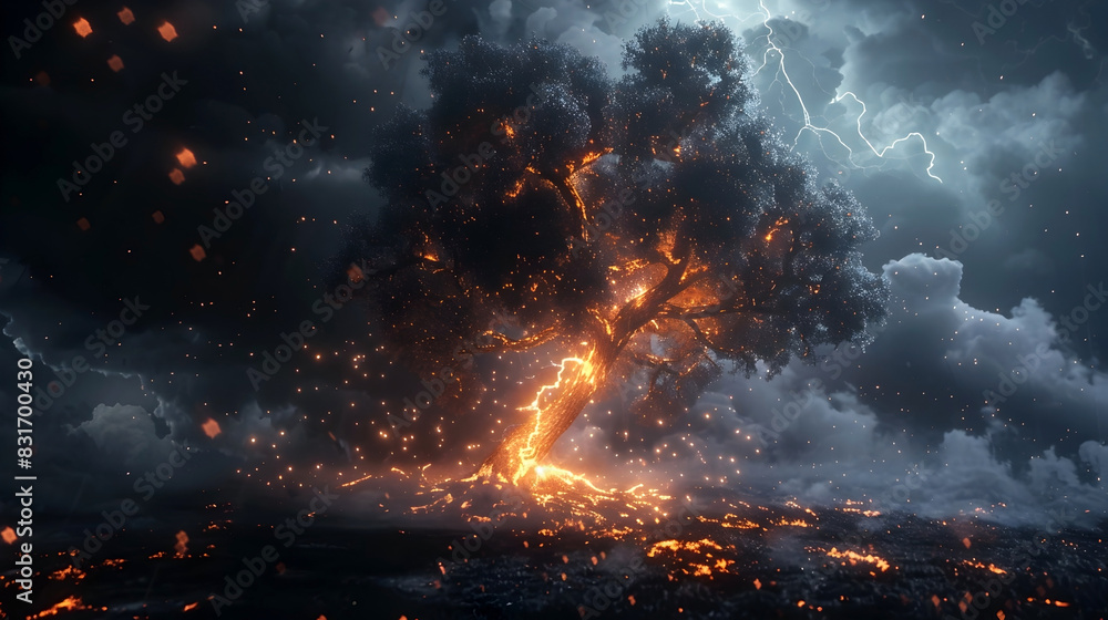 A Powerful Bolt of Lightning Strikes and Topples an Exposed Tree Amidst Tumultuous Storm Clouds A Powerful Bolt of Lightning Strikes and Topples an Exposed Tree Amidst Tumultuous Storm Clouds