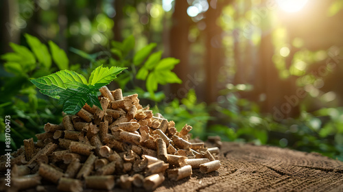 A close-up shot of a pile of wood pellets with a fresh green plant growing from the top. photo