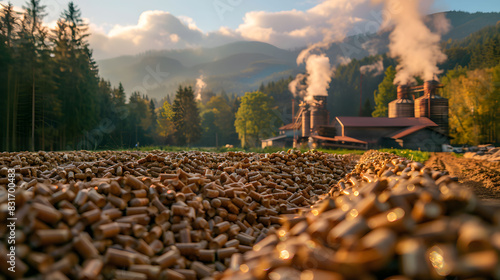 A wood pellet manufacturing plant set against a backdrop of misty mountains and dense forests.