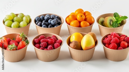 A variety of organic fruits and snacks in sustainable paper bowls  vibrant colors and textures  isolated background  studio lighting