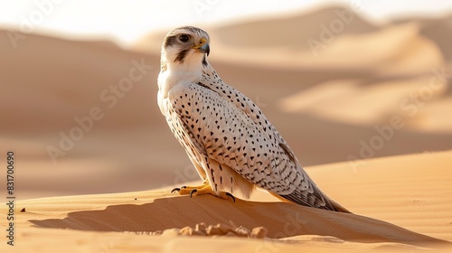 White and Beige Falcon sitting in the desert 
