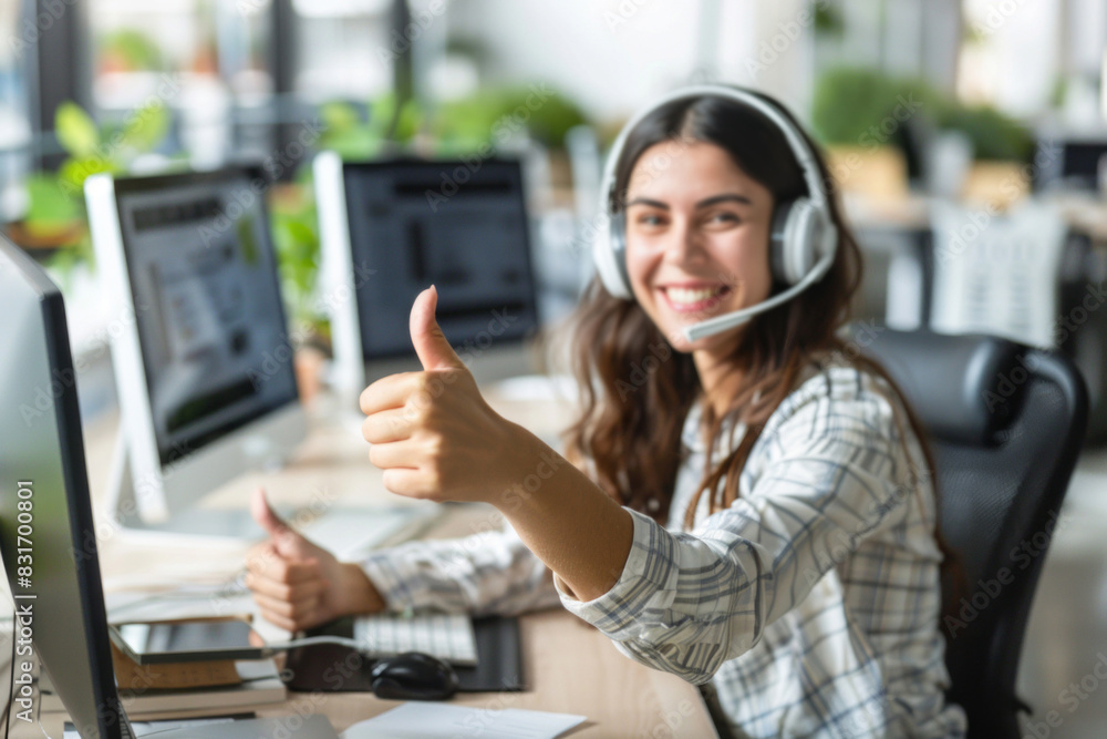 A female customer service representative, wearing headphones, sits at her office desk, giving a thumbs up gesture with one hand while looking directly at the camera. A female customer service representative, wearing headphones, sits at her office desk, giving a thumbs up gesture with one hand while looking directly at the camera.