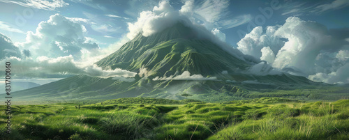 A volcano, covered with lush green grass and surrounded by thick clouds, stands like an elongated pyramid against the sky. photo