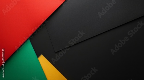 A black background features red  black  and green paper colors for a Black History Month banner design  with a simple  minimalist layout.