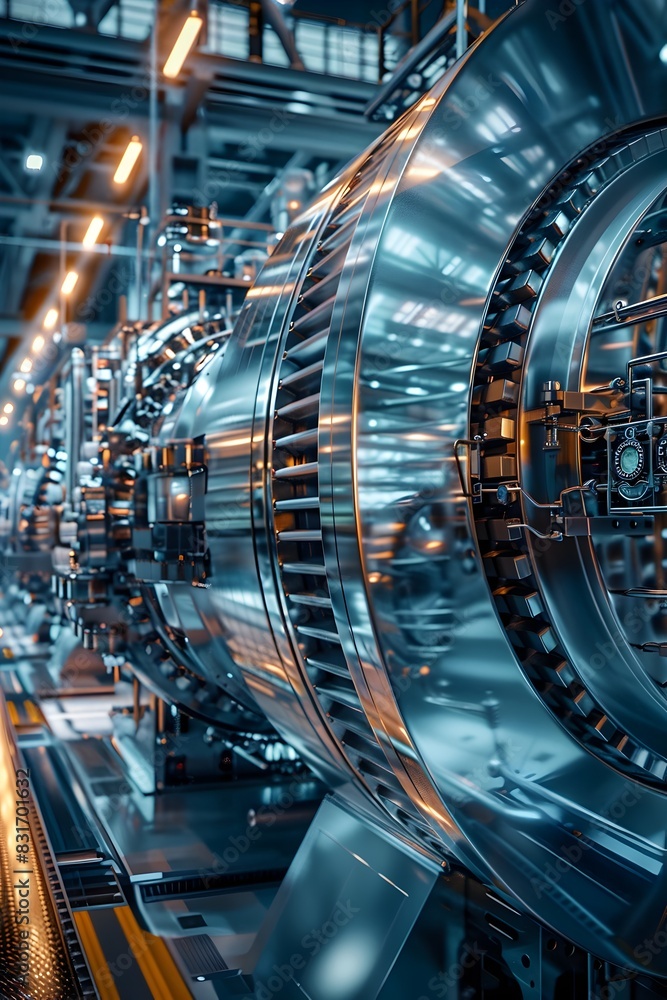 Obraz premium Captivating Power Plant Engineering:Massive Turbines and Generators in a Gleaming Technological Landscape
