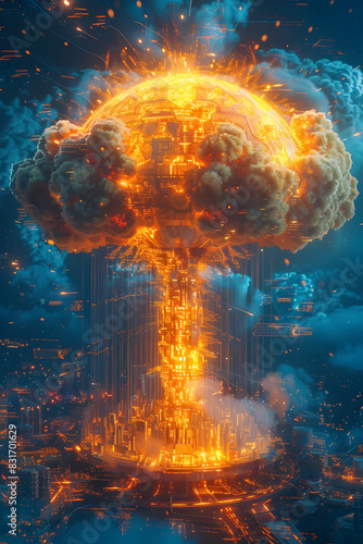 Captivating Neon-Infused Technographic Mushroom Cloud Erupting from Intricate Circuit Board Matrix photo