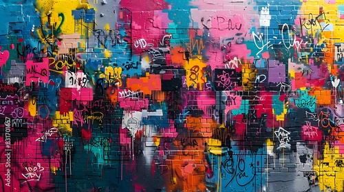 An intricate seamless pattern of urban graffiti art with colorful tags, dynamic street murals, and expressive designs. The artwork reflects the vibrancy and creativity of street culture, 