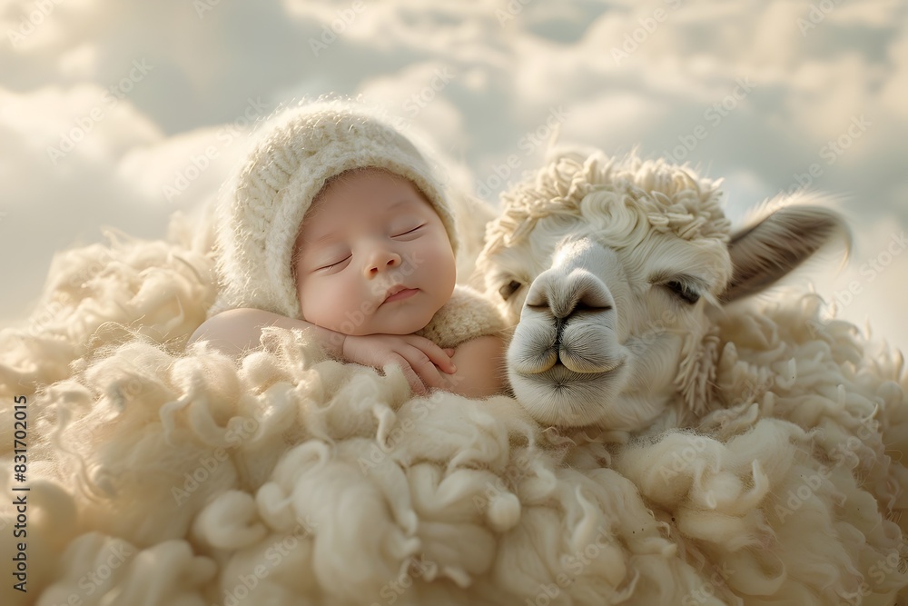 Cherubic Infant Resting Atop Gentle Woolly Alpaca Amidst Serene Cloud-Filled Sky Cherubic Infant Resting Atop Gentle Woolly Alpaca Amidst Serene Cloud-Filled Sky