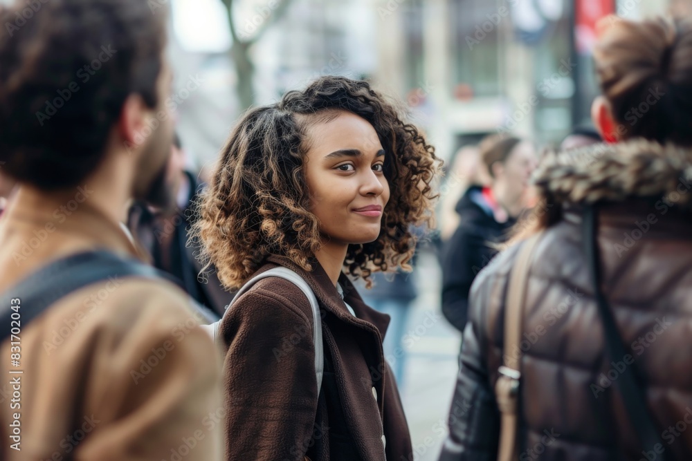young beautiful african american woman with curly hair in the city