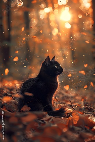 Curious Black Cat Nestled in Cozy Autumn Forest with Warm-Toned Foliage and Golden Hour Glow