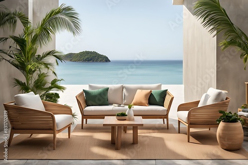  Terrace with outdoor furniture - sofa and armchair. Shade gazebo and palm trees. Exotic backyard garden. Sunny day on the veranda patio. 3d rendering 