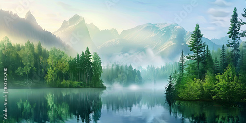 beautiful forest  lake and mountains in misty landscape  generative AI