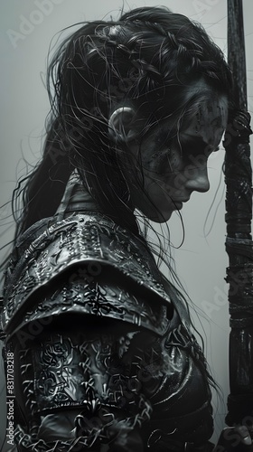 Defiant Shieldmaiden of the North with Weathered Leather Armor and Spear,Cinematic Charcoal Portrait in Windswept Tundra