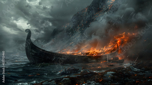 Dramatic Viking Funeral Pyre with Burning Longboat and Shrouded Figures in Stormy Coastal Cliffs Landscape photo