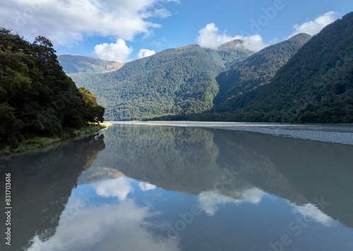 Calm and quiet Haast River and Southern Alp Mountains, Haast, West Coast, New Zealand.