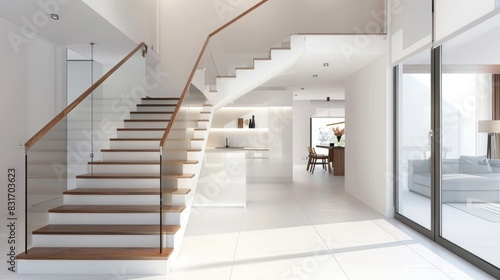 Modern staircase in the house, glass and wood handrail, open space with kitchen area on one side and hallway to other rooms on the other, white walls, interior design photography