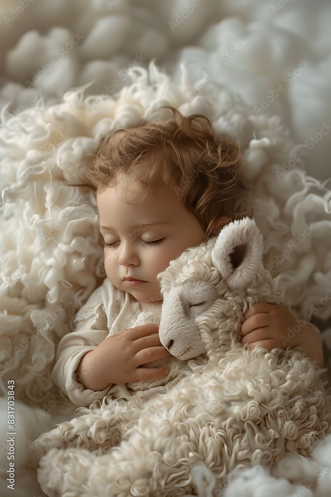 Enchanting Infant Resting on Fluffy Creature in Serene Heavenly Landscape Enchanting Infant Resting on Fluffy Creature in Serene Heavenly Landscape