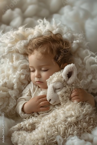 Enchanting Infant Resting on Fluffy Creature in Serene Heavenly Landscape