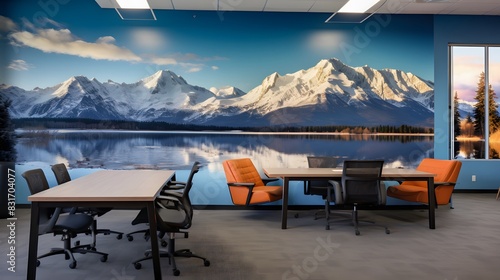 An office space with a wall mural of a mountain range at sunrise  showing snow-capped peaks  a calm lake  and a clear sky  captured in high definition  creating a tranquil atmosphere.