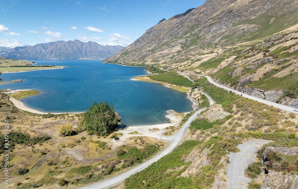 Country road, Southern Alp mountain rage and Lake Hawea, Wānaka, Otago, New Zealand. Country road, Southern Alp mountain rage and Lake Hawea, Wānaka, Otago, New Zealand.