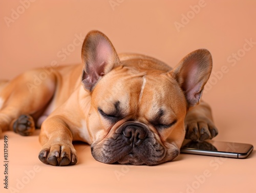 French Bulldog Indulges in a Peaceful Slumber with a Phone on a Soft Pastel Background photo