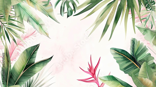 Tropical leaves and flowers on a light background generated with AI