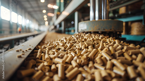 Scene of a wood pellet production line  showcasing the process of pellet manufacturing.