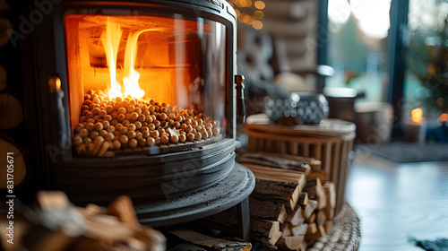 Cozy pellet stove fire in a warm, inviting room.