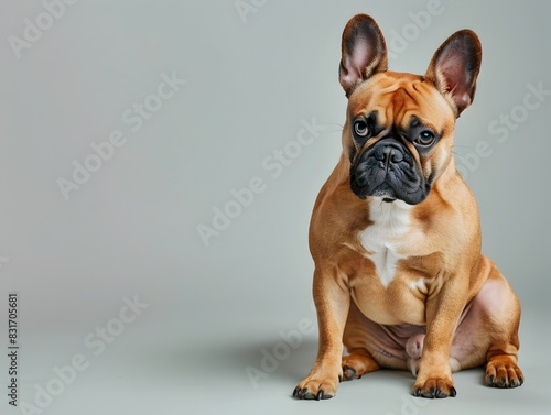 French Bulldog Embraces Modern Technology with a Phone on a Clear Pastel Gray Background