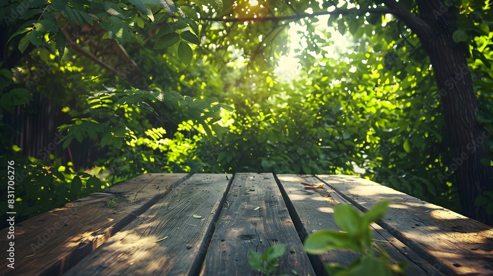 Spring-summer natural setting with green foliage in sunlight and an empty wooden table outdoors Spring-summer natural setting with green foliage in sunlight and an empty wooden table outdoors