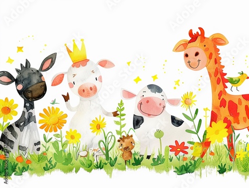 Sunny farmyard animals having a party bright and inviting