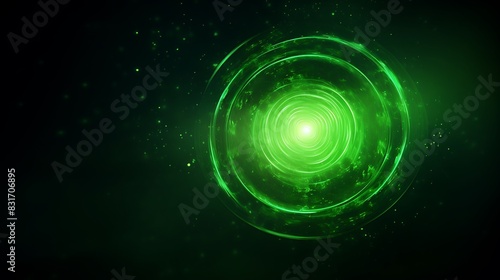 Glowing green spiral with light circle on black sky backdrop, abstract background