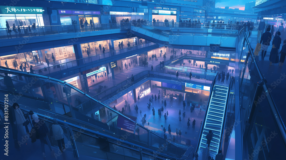Department store shopping mall scenery, anime style illustration