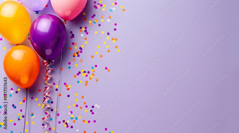 Carnival Atmosphere Emanating from Balloons and Streamers on Lavender Background