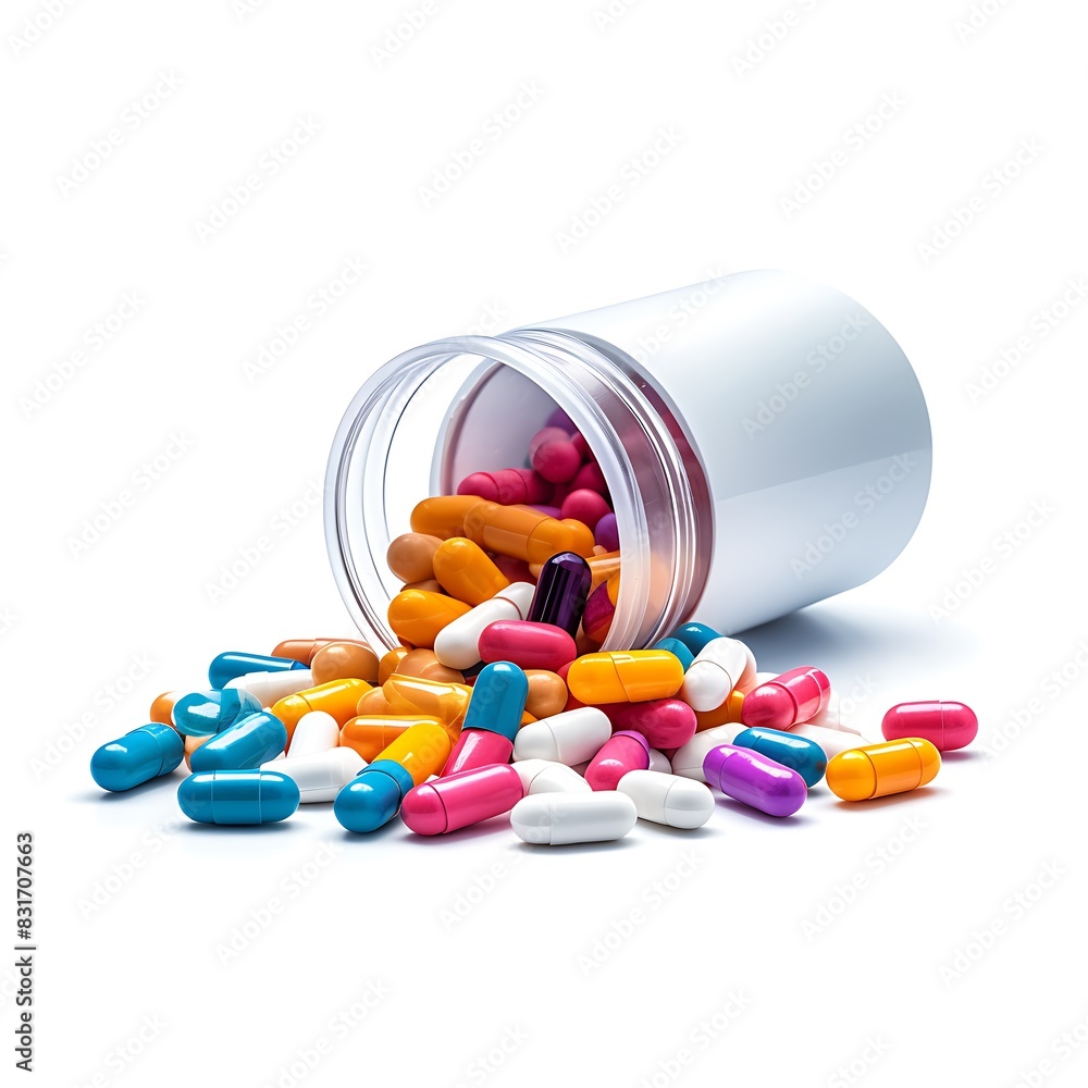 Pill bottle spilling pills on to surface isolated on a white background Pill bottle spilling pills on to surface isolated on a white background