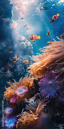 Tropical fish swim among colorful anemones and sea fans on a lush coral reef with sunlight rays.