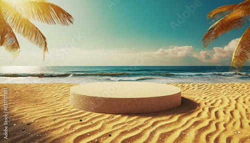 beach background.Beach podium summer background with sand and a 3D sea display platform, perfect for product presentations.