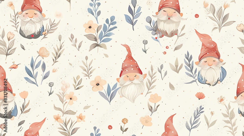 Hand-drawn pastel-colored seamless pattern featuring gnomes in various poses, surrounded by delicate flowers, perfect for a whimsical look Hand-drawn pastel-colored seamless pattern featuring gnomes in various poses, surrounded by delicate flowers, perfect for a whimsical look