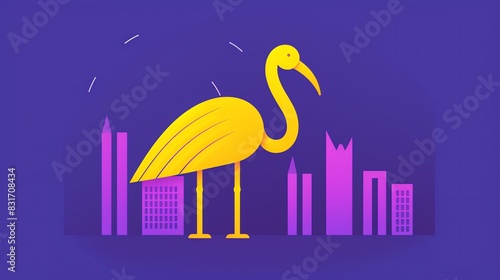 A stylized digital illustration of a yellow flamingo standing in front of pink city skyscrapers on a purple background.