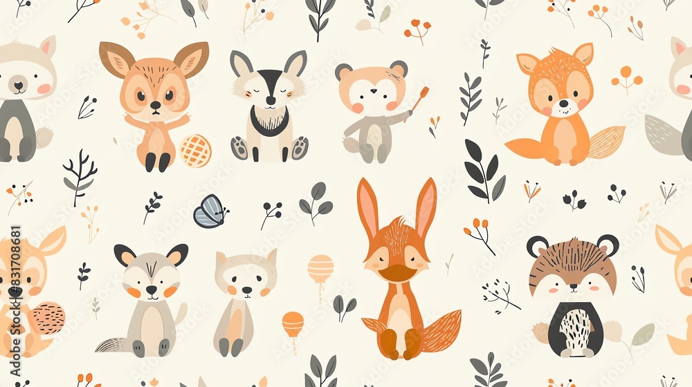Hand-drawn seamless pattern with cute cartoon animals holding toys, showcasing a sweet and imaginative children's theme Hand-drawn seamless pattern with cute cartoon animals holding toys, showcasing a sweet and imaginative children's theme