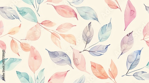 Hand-drawn seamless pattern featuring watercolor leaves in pastel colors  perfect for a serene and botanical look